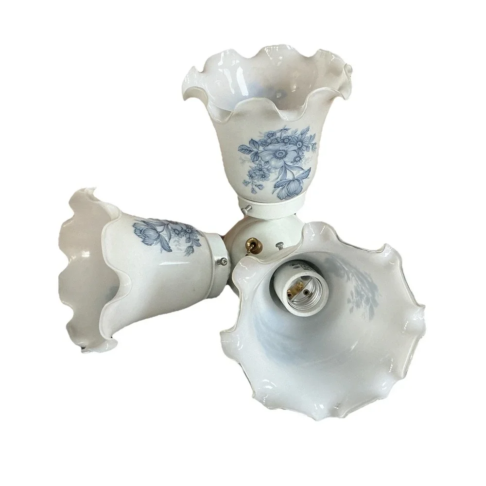 VTG White Milk Glass 3 Scalloped Shades For Ceiling Fan With Delft Flowers - Picture 4 of 7